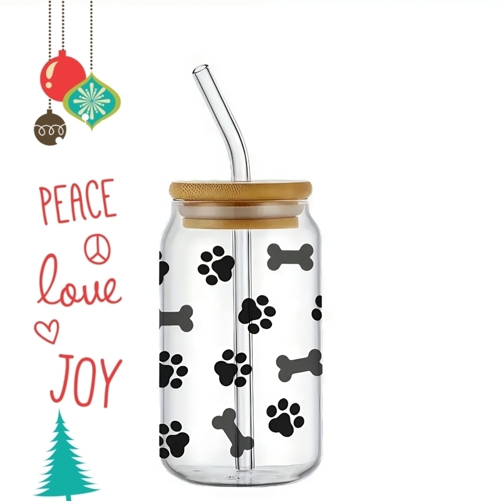 🆕️ DOG PAWS & BONES  16oz Glass Tumbler